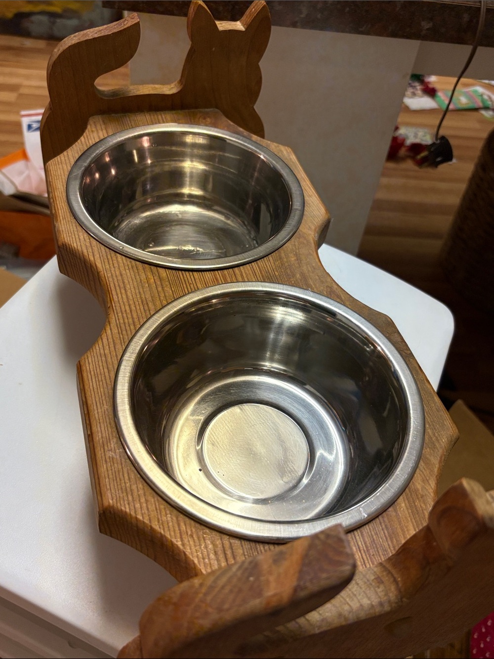Wood Raised Double Cat Bowl Stand with Stainless Steel Bowls